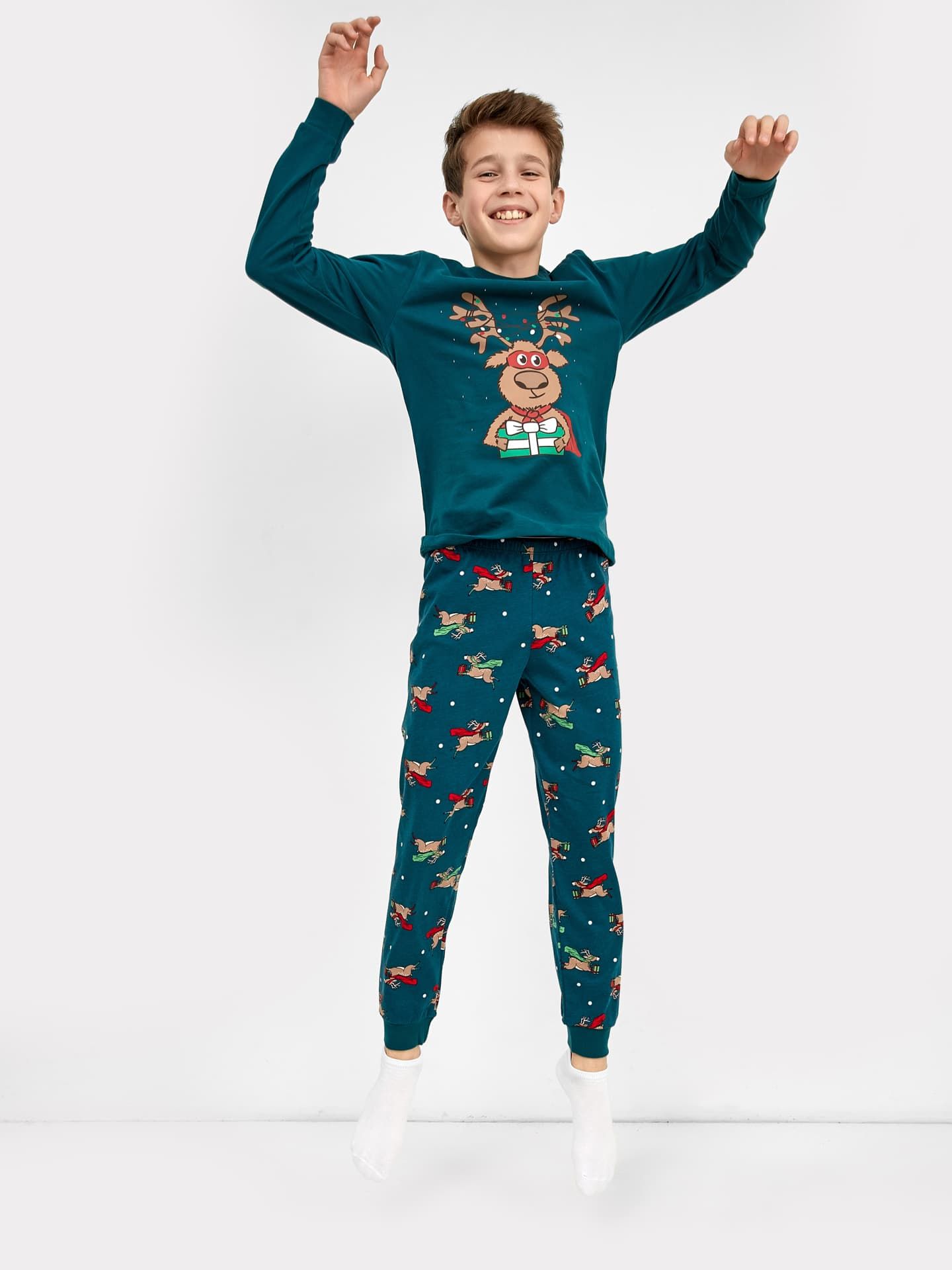 

Хлопковый комплект для мальчиков (лонгслив и брюки) с новогодними рисунками, Изумруд +олени, 22/21590ПП-0-2С