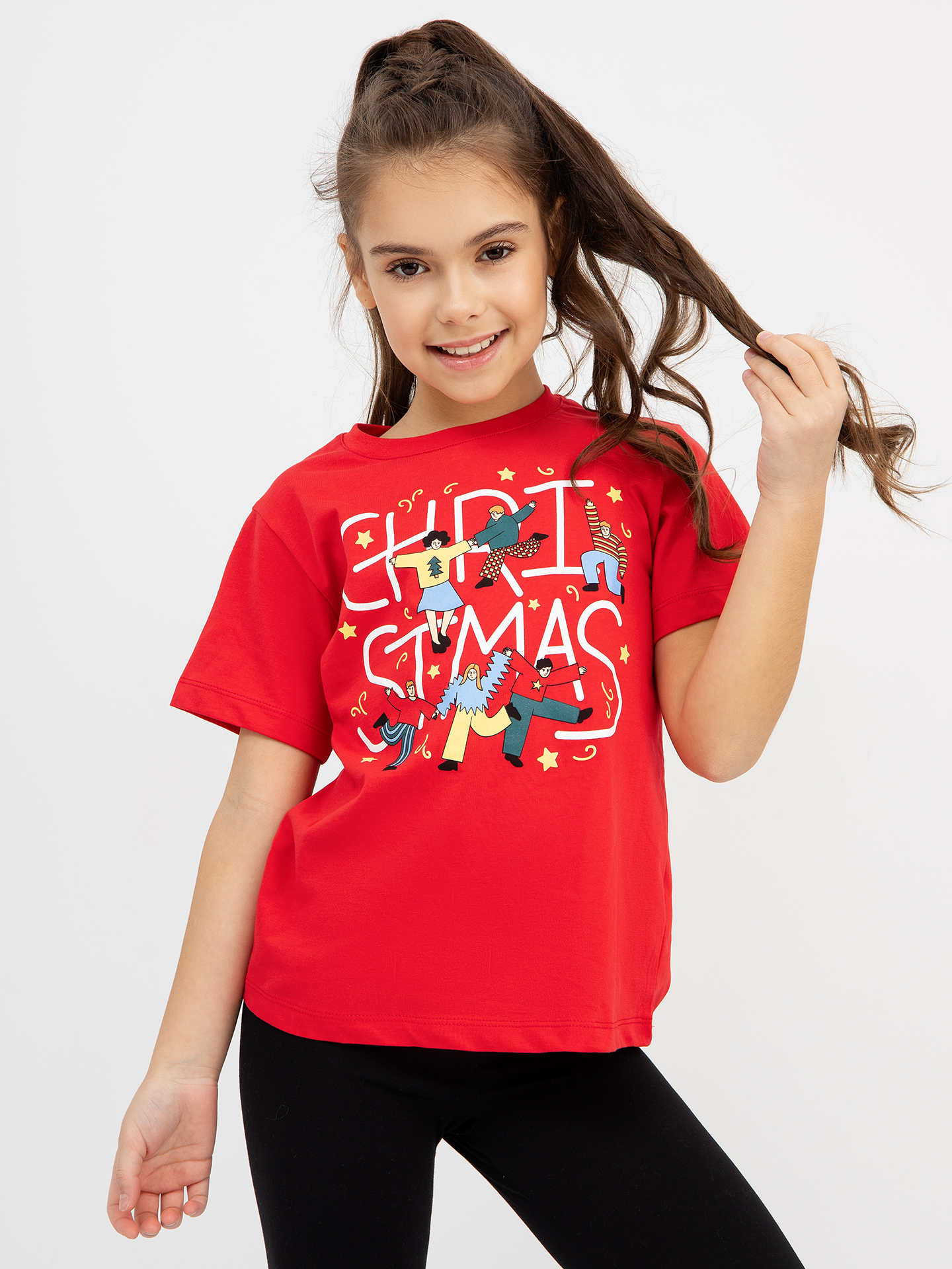 Хлопковая футболка красного цвета с новогодним принтом для девочек Mark Formelle красного цвета
