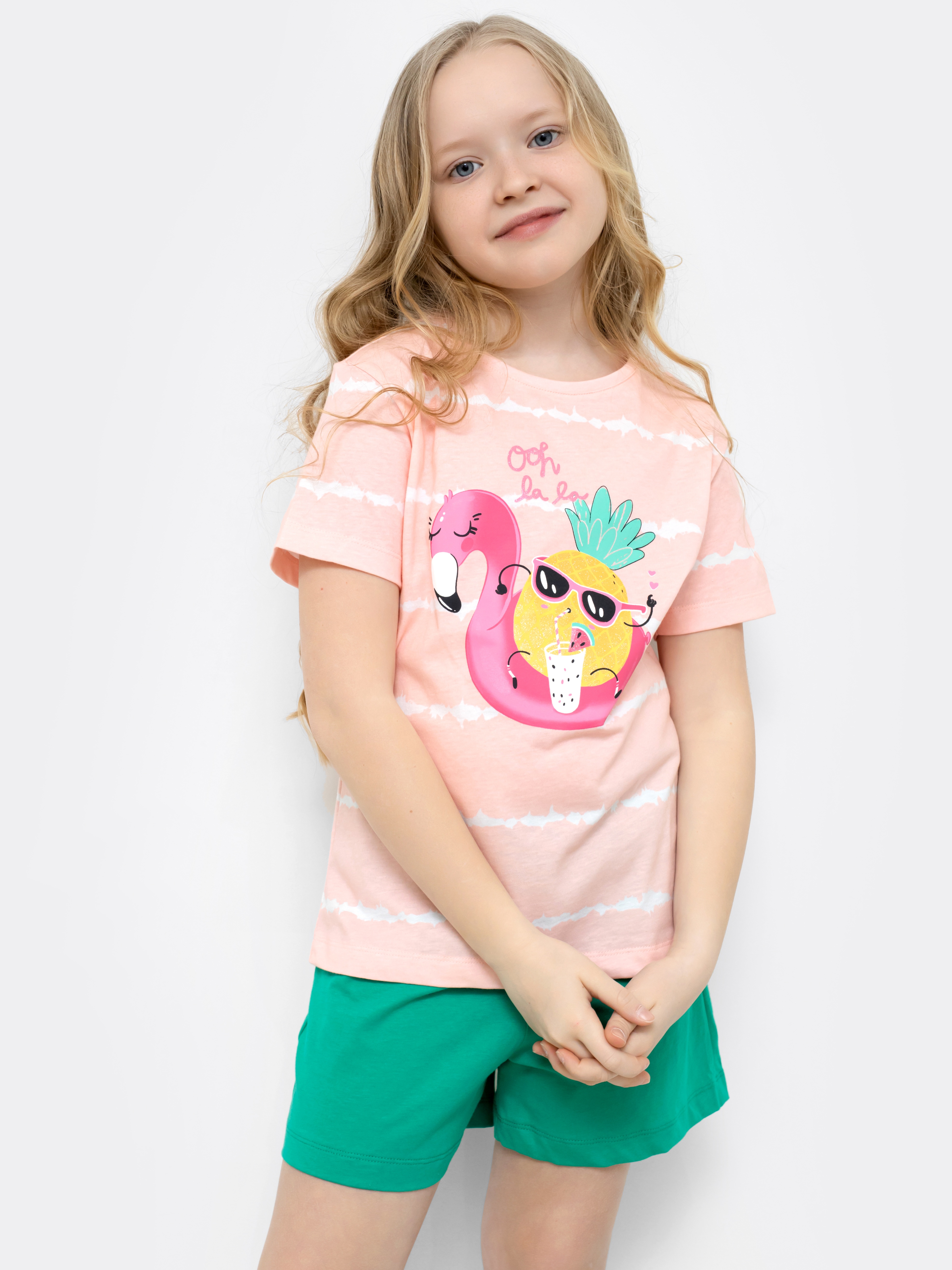 Хлопковая пижама для девочек (футболка и шорты) Mark Formelle розового цвета
