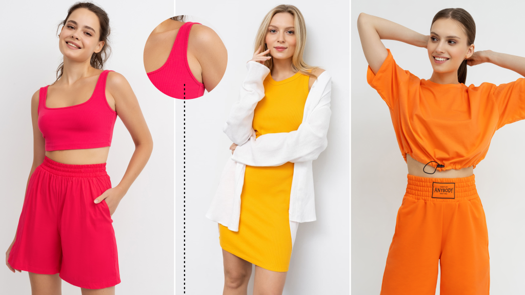 Розовый комплект, желтое платье, оранжевый комплект с шортами Mark Formelle.png