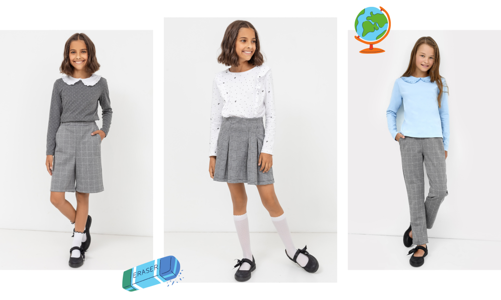 Образ с шортами для школы, образ с юбкой и блузкой для школы, школьный образ с брюками для девочки Mark Formelle